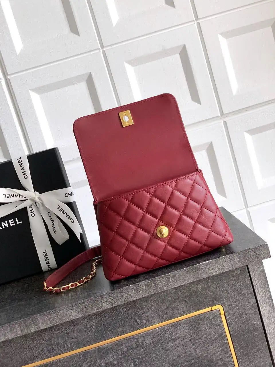 Chanel AS2215 Mini Flap Bag with Top Handle calfskin diamante gold metal Red