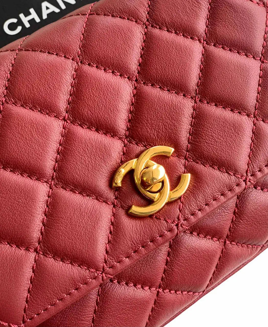 Chanel AS2215 Mini Flap Bag with Top Handle calfskin diamante gold metal Red