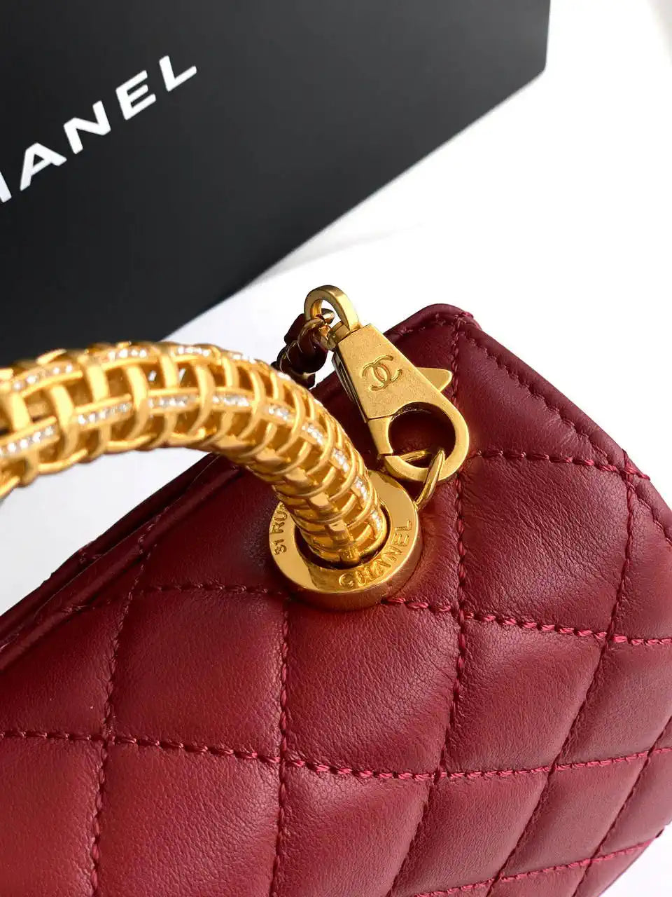 Chanel AS2215 Mini Flap Bag with Top Handle calfskin diamante gold metal Red