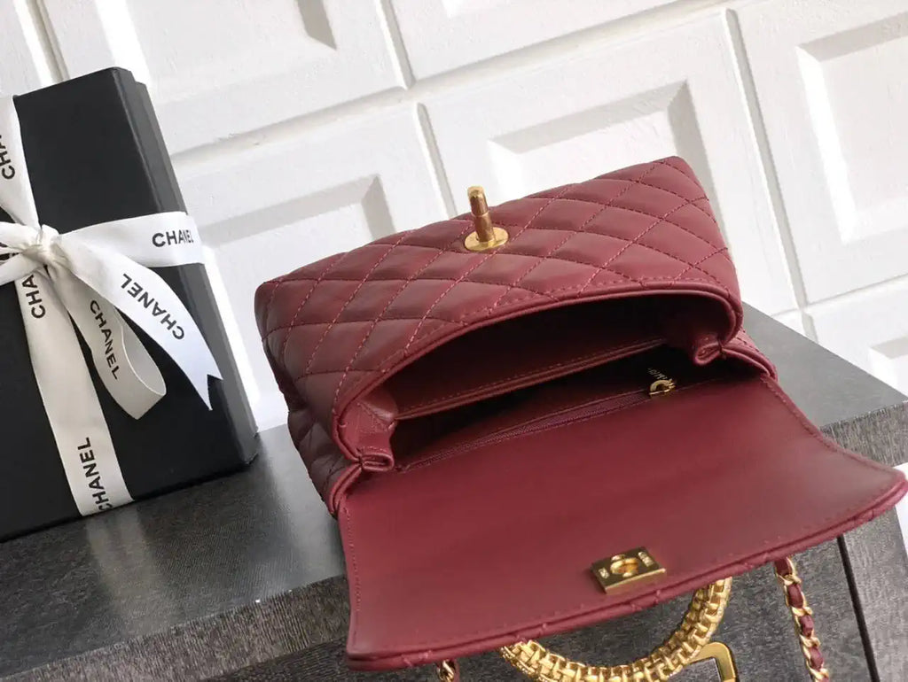 Chanel AS2215 Mini Flap Bag with Top Handle calfskin diamante gold metal Red