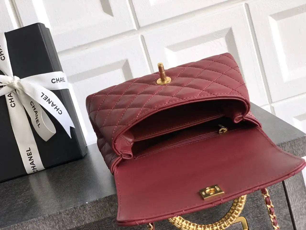 Chanel AS2215 Mini Flap Bag with Top Handle calfskin diamante gold metal Red