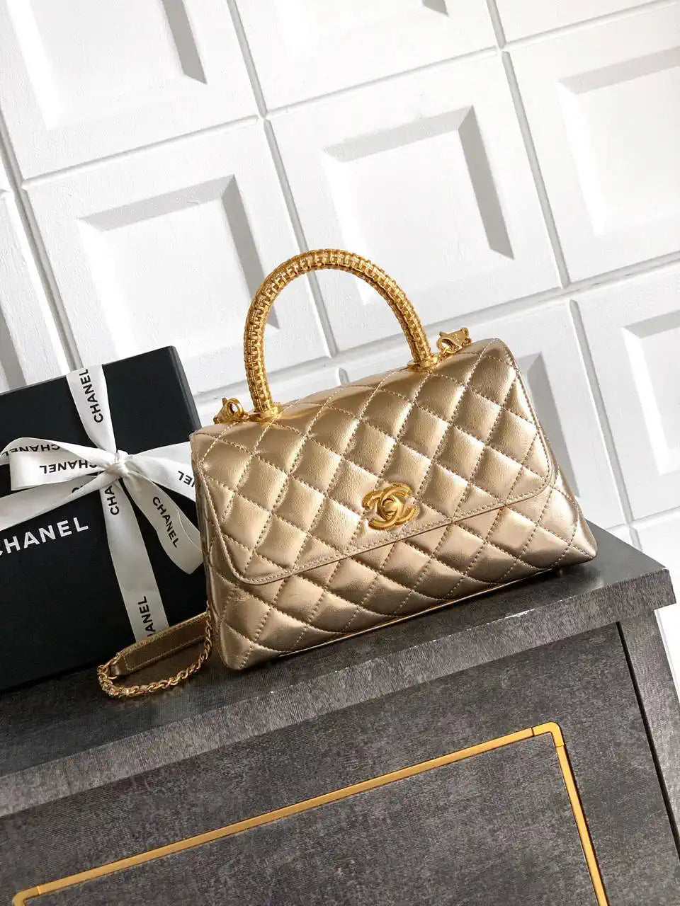 Chanel AS2216 Small Flap Bag with Top Handle calfskin diamante gold metal Gold