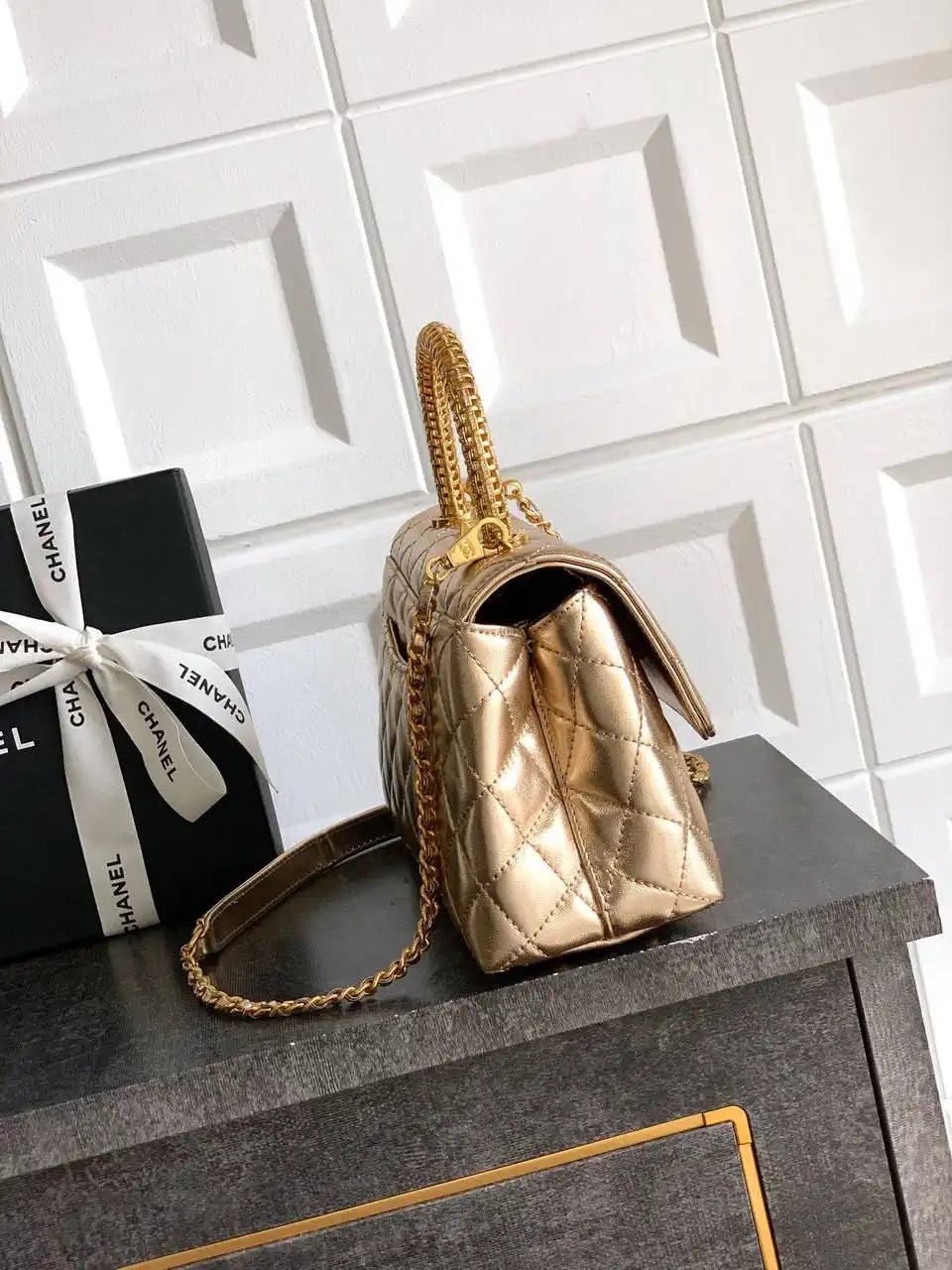 Chanel AS2216 Small Flap Bag with Top Handle calfskin diamante gold metal Gold