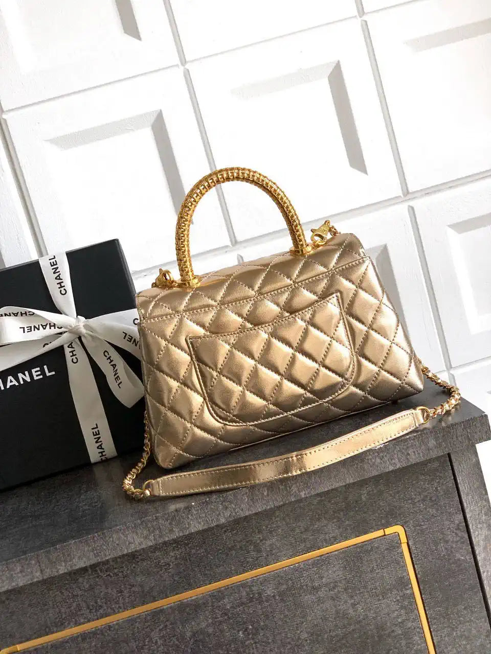 Chanel AS2216 Small Flap Bag with Top Handle calfskin diamante gold metal Gold
