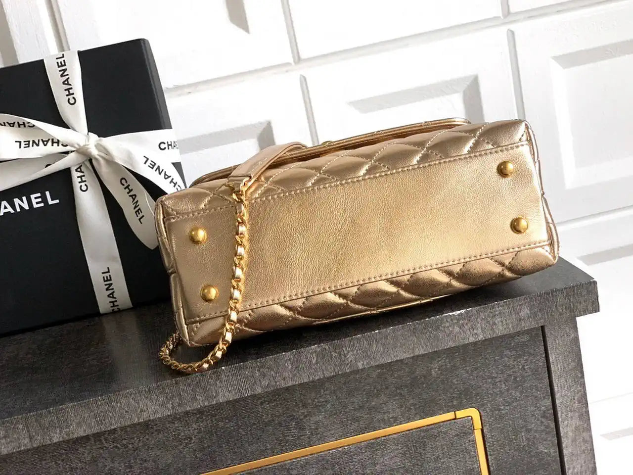 Chanel AS2216 Small Flap Bag with Top Handle calfskin diamante gold metal Gold