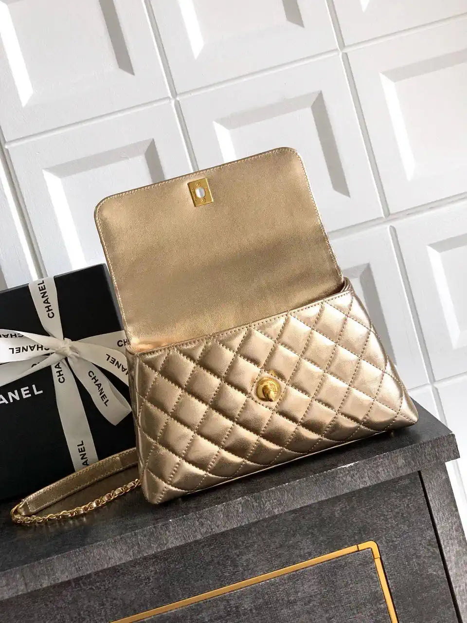 Chanel AS2216 Small Flap Bag with Top Handle calfskin diamante gold metal Gold