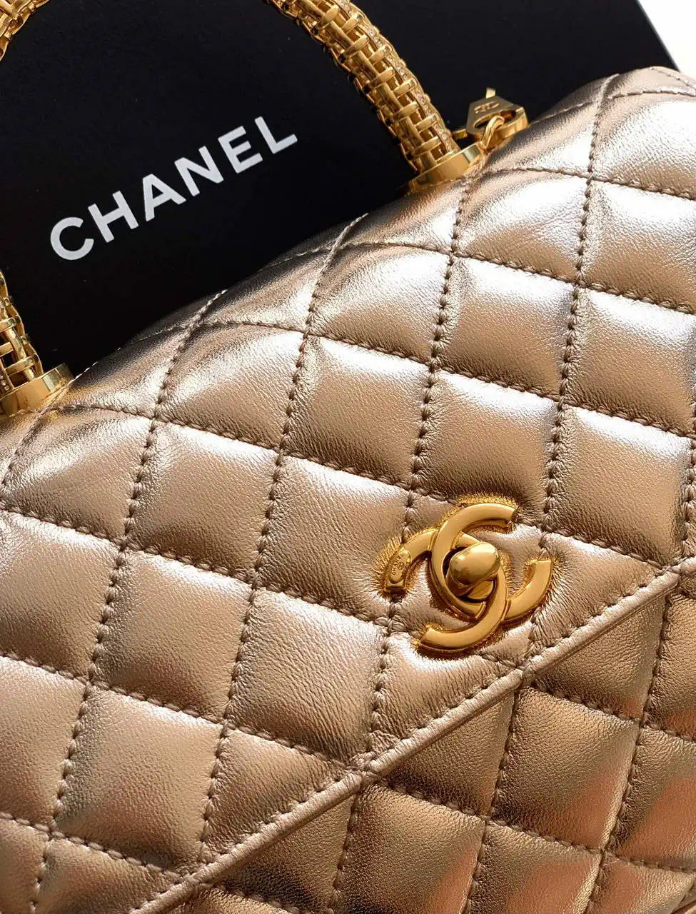 Chanel AS2216 Small Flap Bag with Top Handle calfskin diamante gold metal Gold