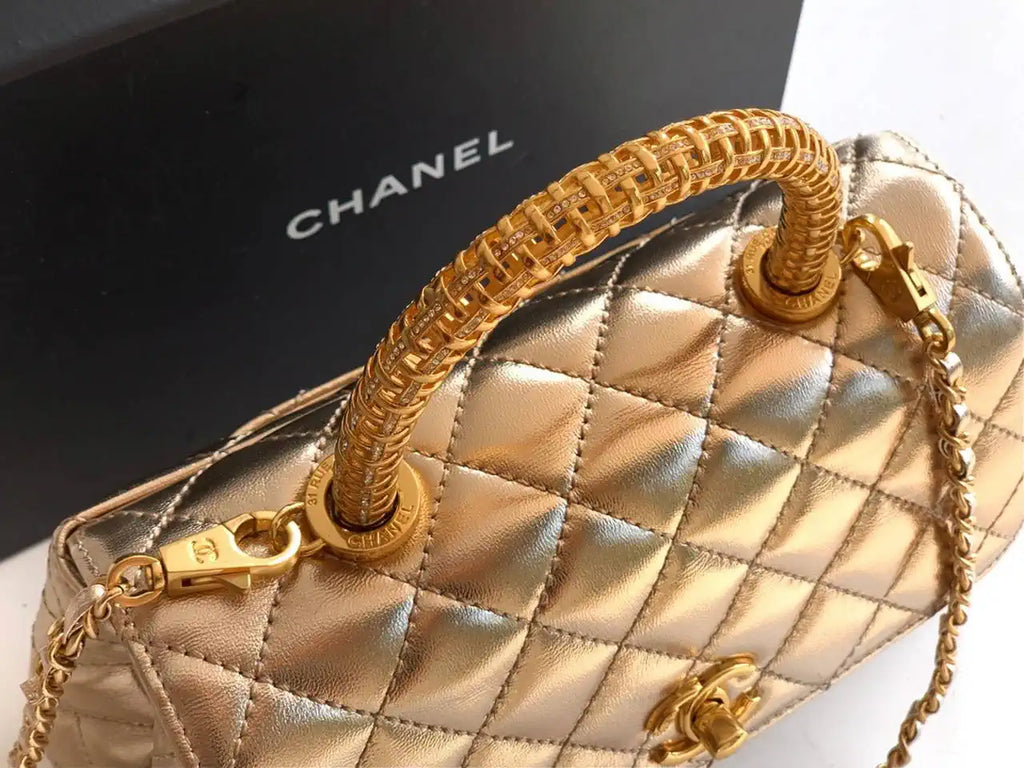 Chanel AS2216 Small Flap Bag with Top Handle calfskin diamante gold metal Gold