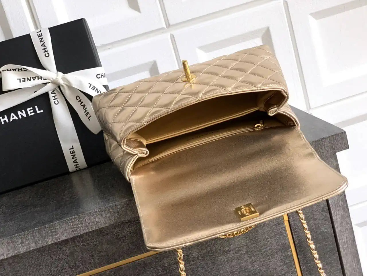 Chanel AS2216 Small Flap Bag with Top Handle calfskin diamante gold metal Gold