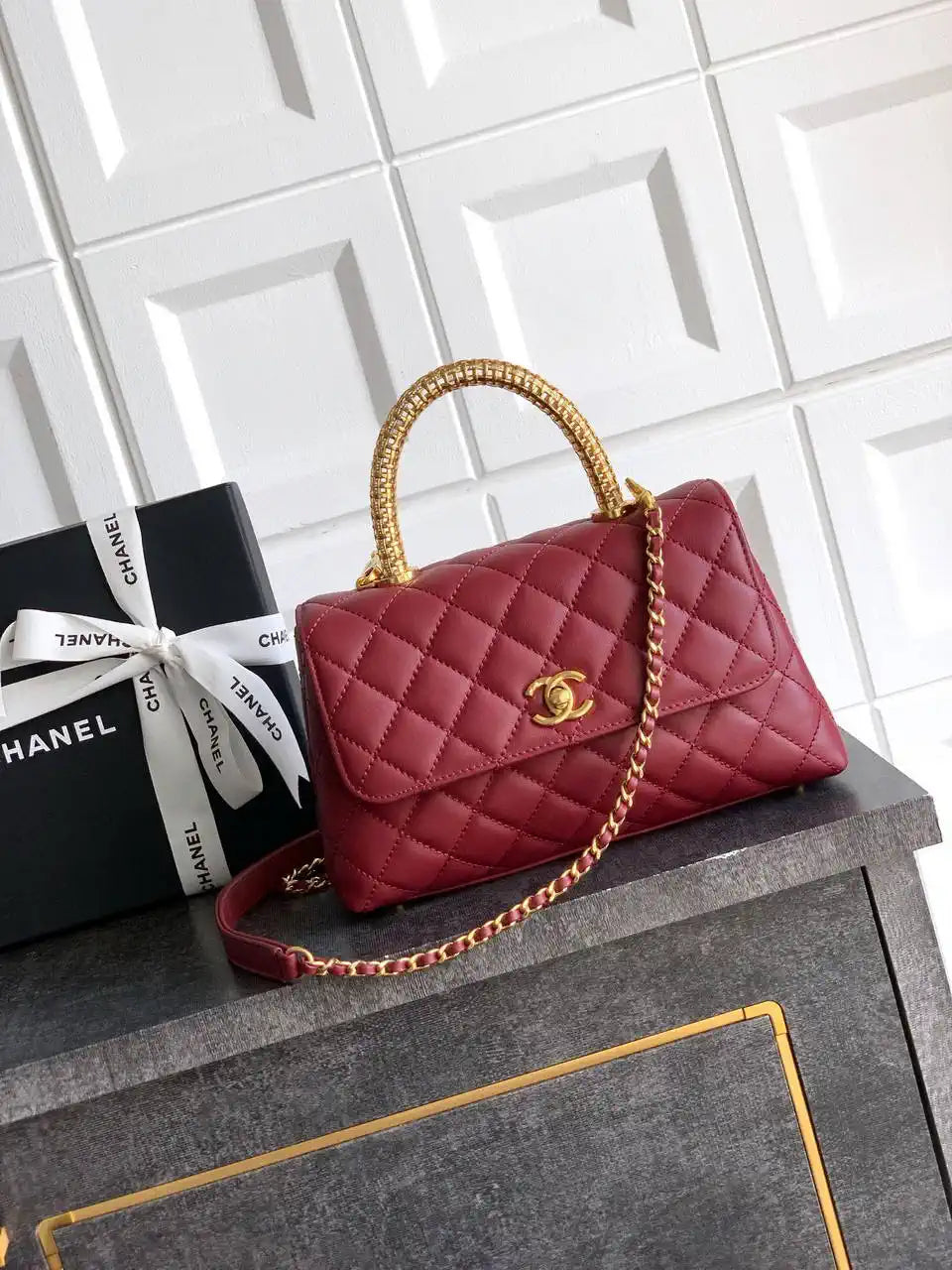 Chanel AS2216 Small Flap Bag with Top Handle calfskin diamante gold metal Red