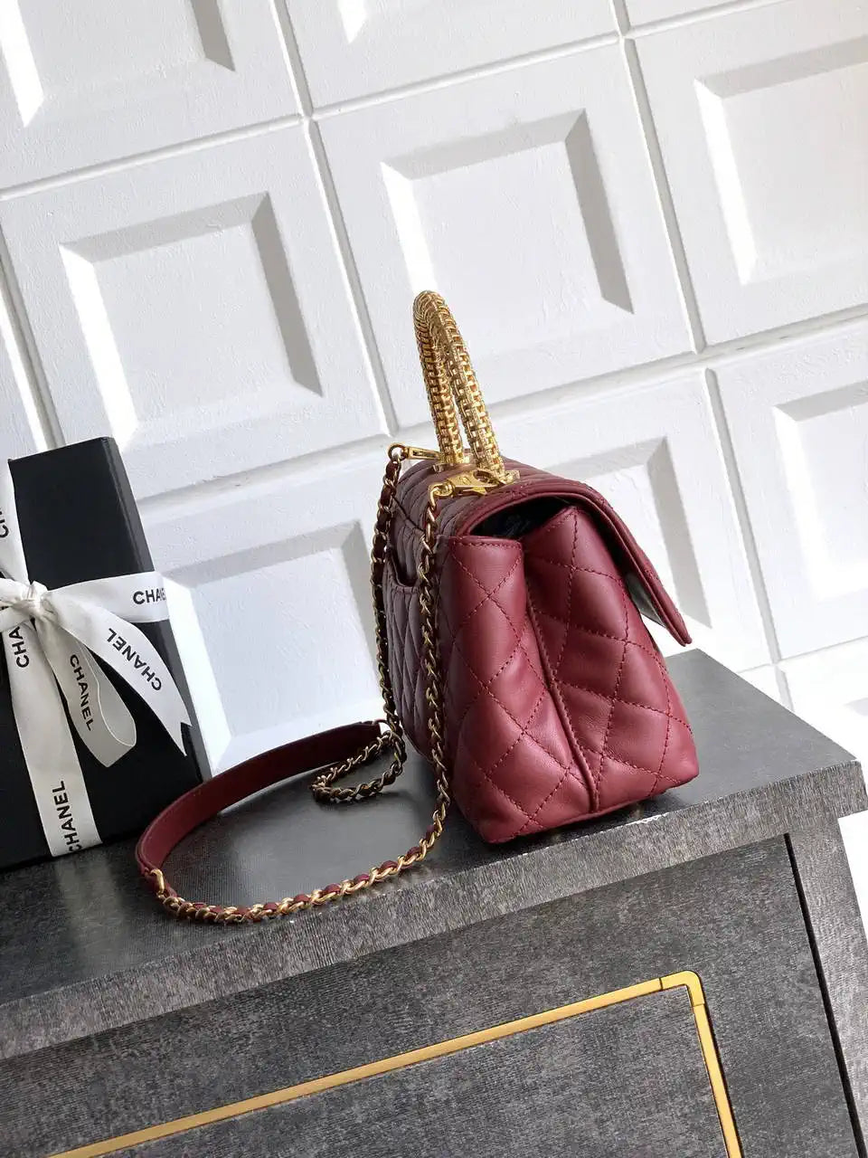 Chanel AS2216 Small Flap Bag with Top Handle calfskin diamante gold metal Red