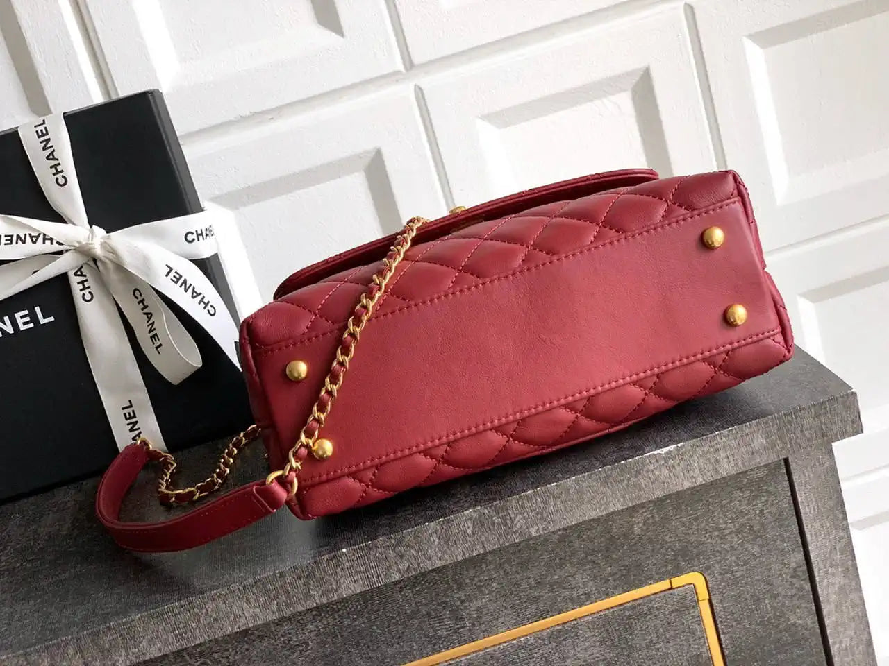 Chanel AS2216 Small Flap Bag with Top Handle calfskin diamante gold metal Red