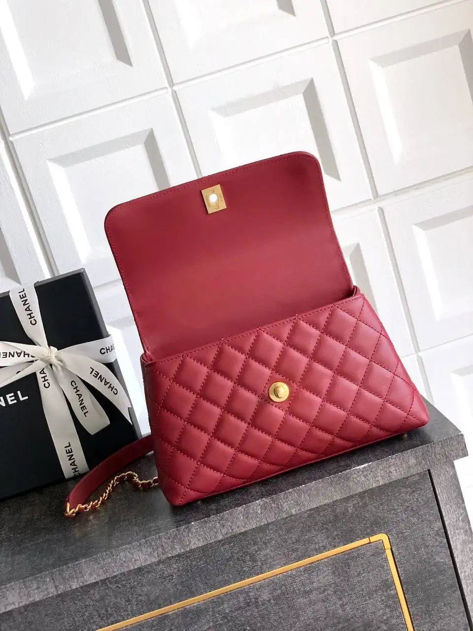 Chanel AS2216 Small Flap Bag with Top Handle calfskin diamante gold metal Red