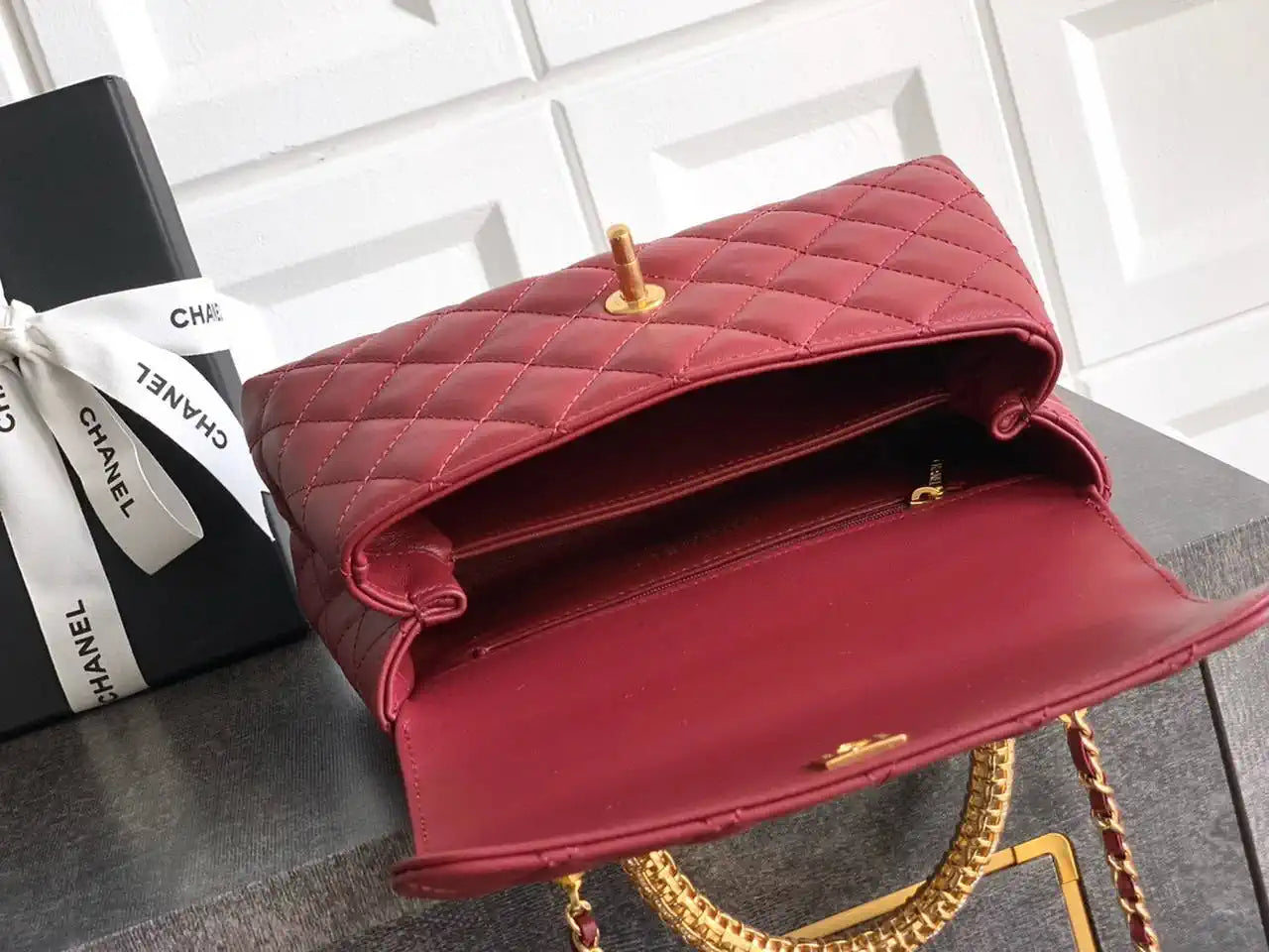 Chanel AS2216 Small Flap Bag with Top Handle calfskin diamante gold metal Red