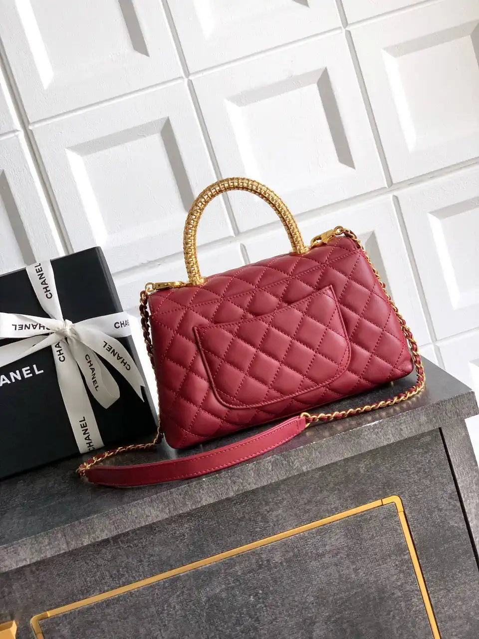 Chanel AS2216 Small Flap Bag with Top Handle calfskin diamante gold metal Red