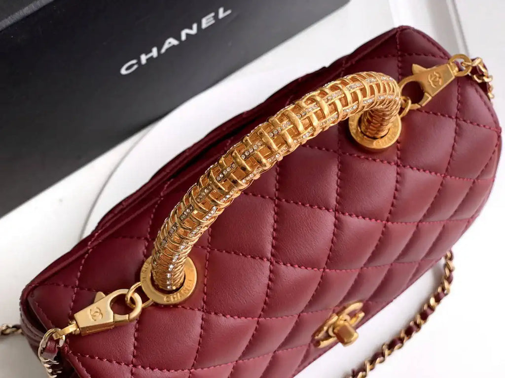 Chanel AS2216 Small Flap Bag with Top Handle calfskin diamante gold metal Red