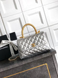 Chanel AS2216 Small Flap Bag with Top Handle calfskin diamante gold metal Silver