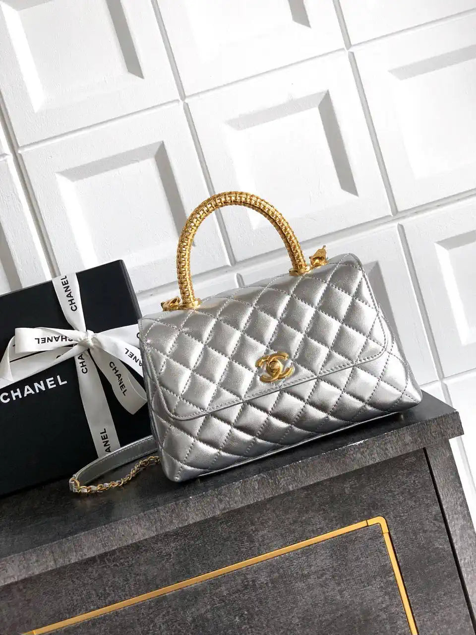 Chanel AS2216 Small Flap Bag with Top Handle calfskin diamante gold metal Silver