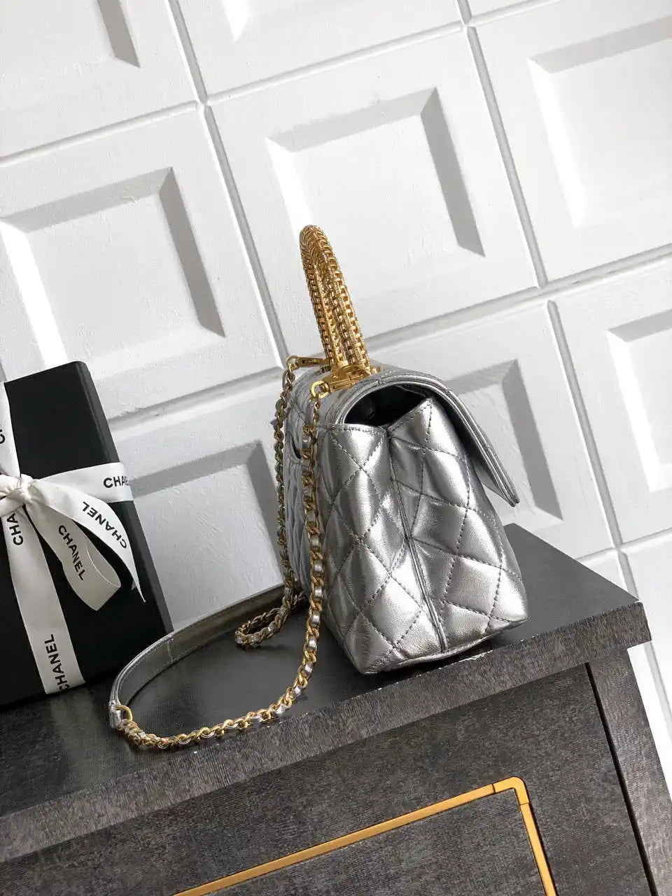 Chanel AS2216 Small Flap Bag with Top Handle calfskin diamante gold metal Silver