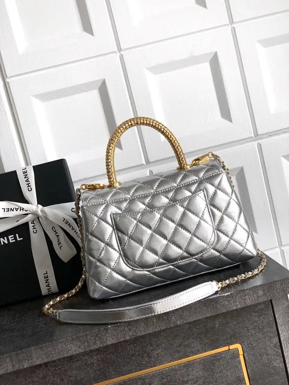 Chanel AS2216 Small Flap Bag with Top Handle calfskin diamante gold metal Silver