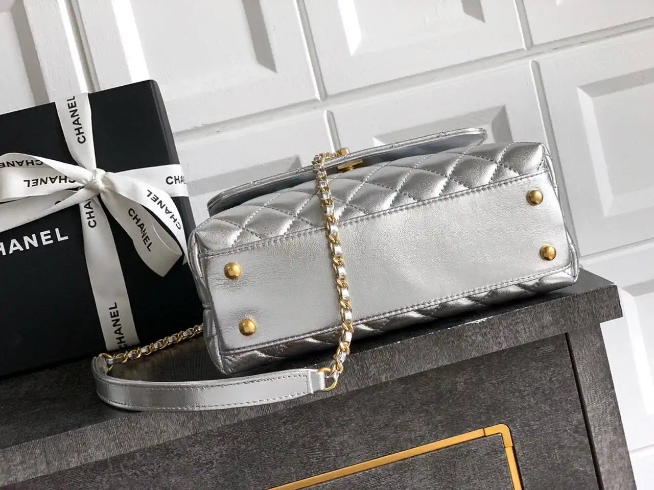 Chanel AS2216 Small Flap Bag with Top Handle calfskin diamante gold metal Silver