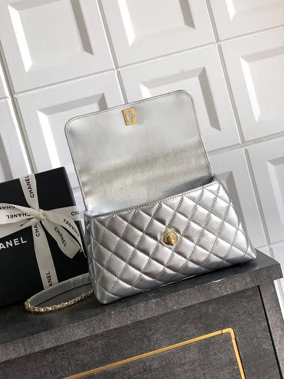 Chanel AS2216 Small Flap Bag with Top Handle calfskin diamante gold metal Silver