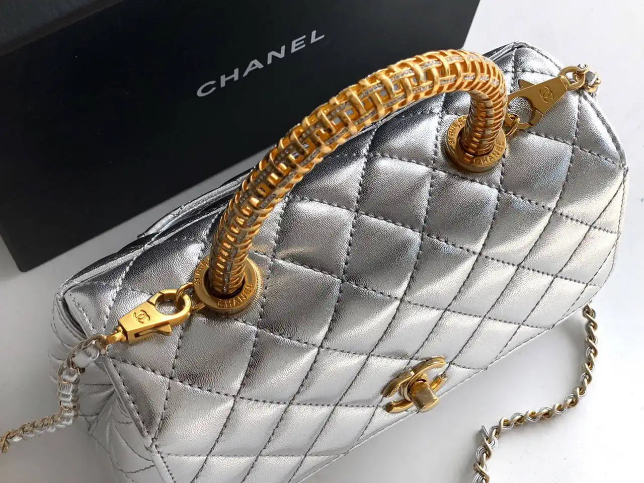 Chanel AS2216 Small Flap Bag with Top Handle calfskin diamante gold metal Silver