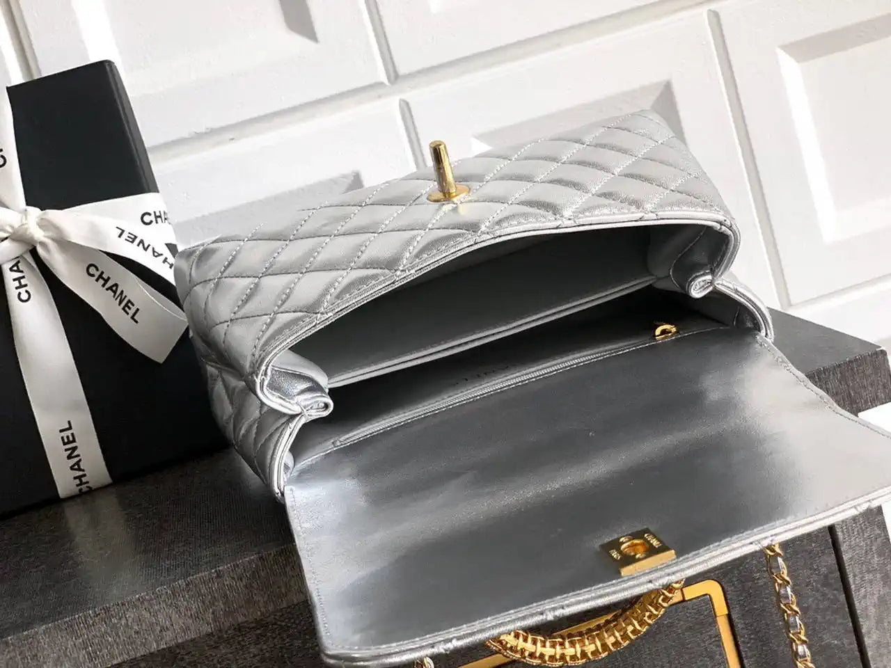 Chanel AS2216 Small Flap Bag with Top Handle calfskin diamante gold metal Silver
