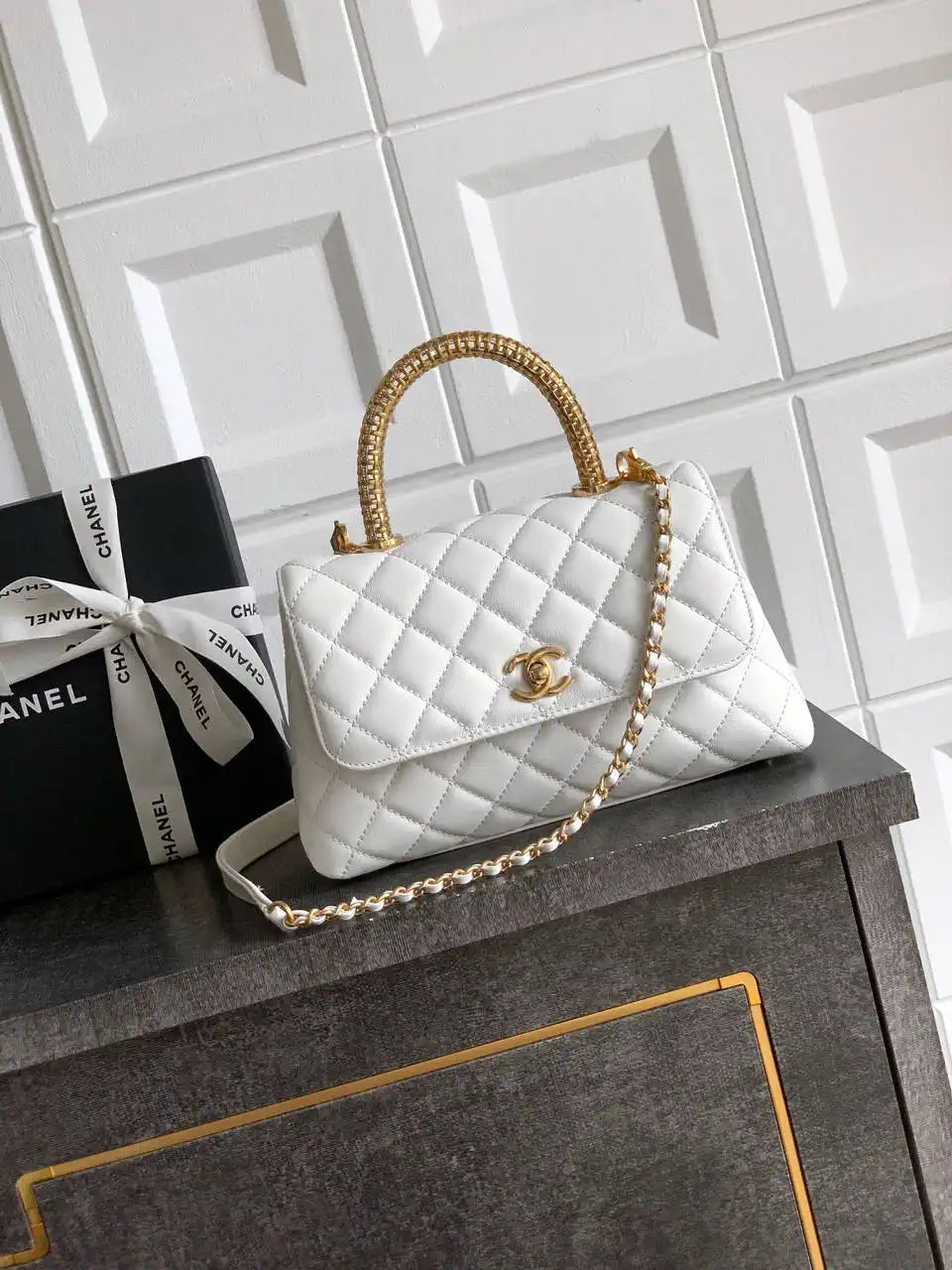 Chanel AS2216 Small Flap Bag with Top Handle calfskin diamante gold metal White