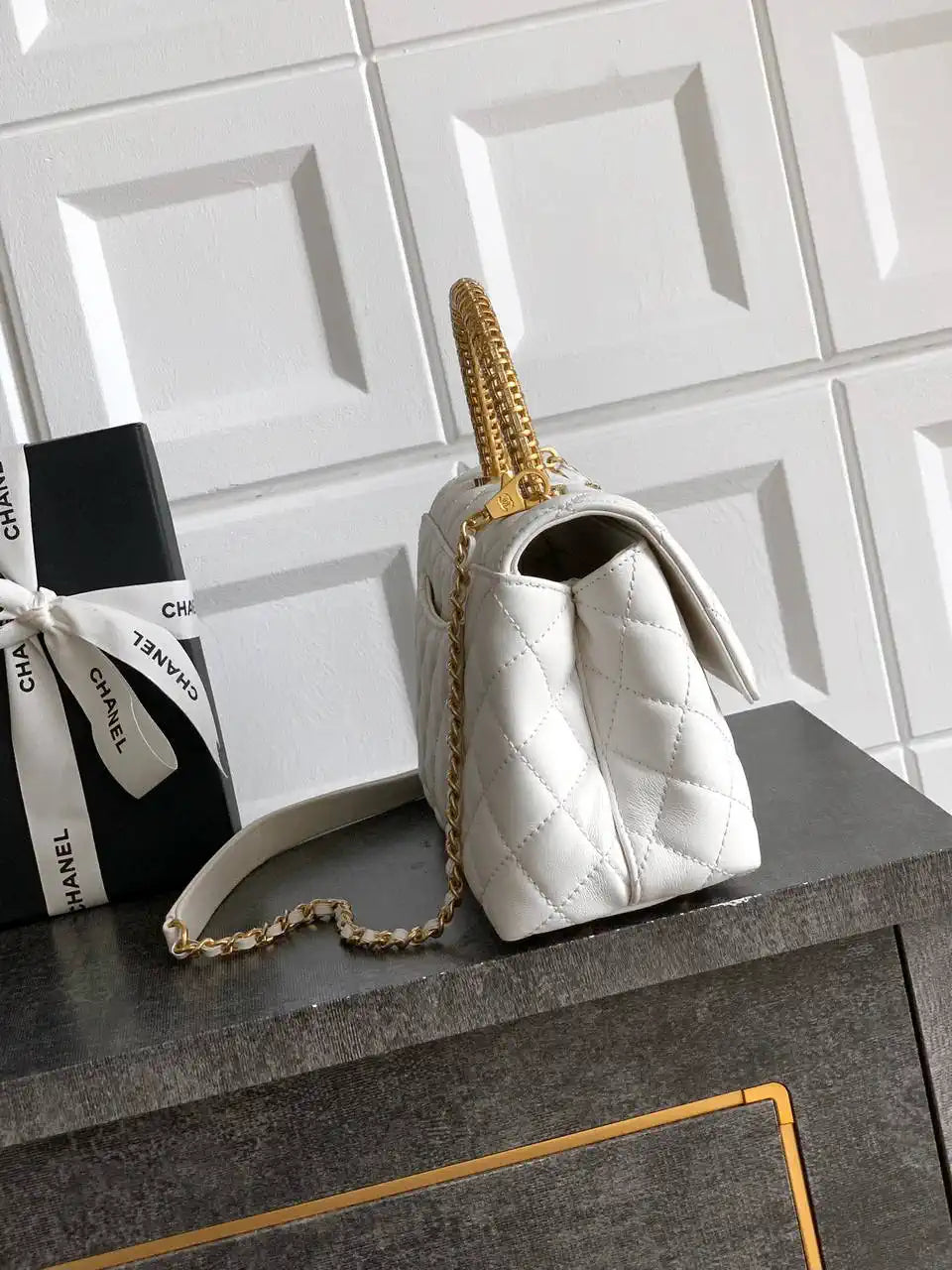 Chanel AS2216 Small Flap Bag with Top Handle calfskin diamante gold metal White