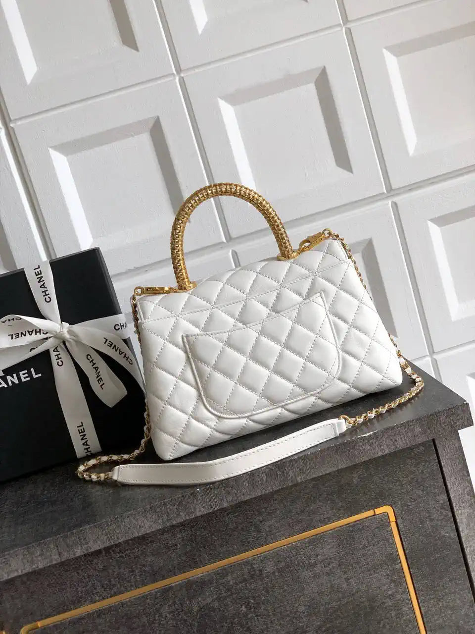 Chanel AS2216 Small Flap Bag with Top Handle calfskin diamante gold metal White