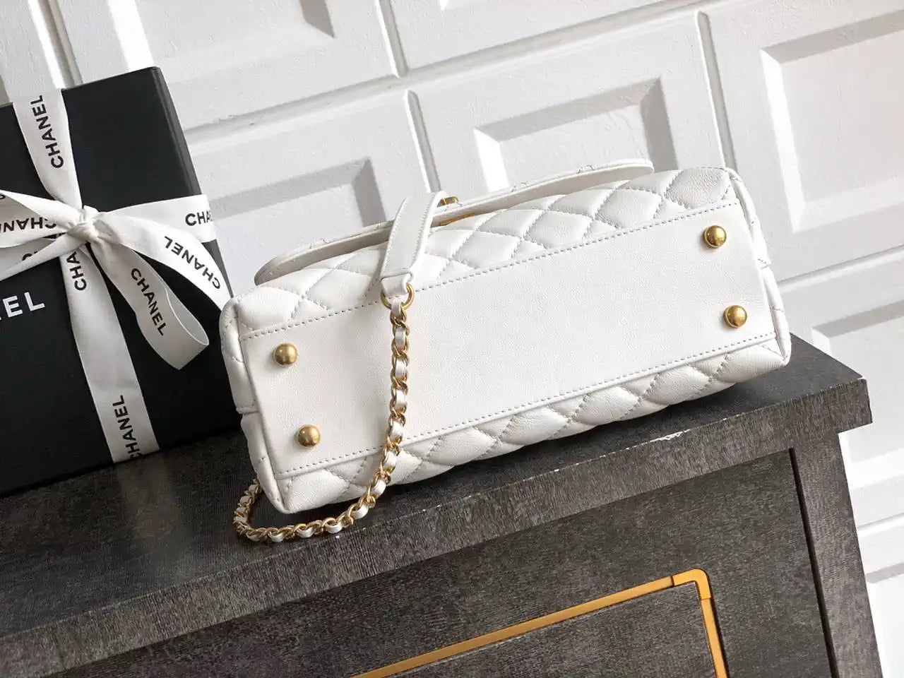 Chanel AS2216 Small Flap Bag with Top Handle calfskin diamante gold metal White