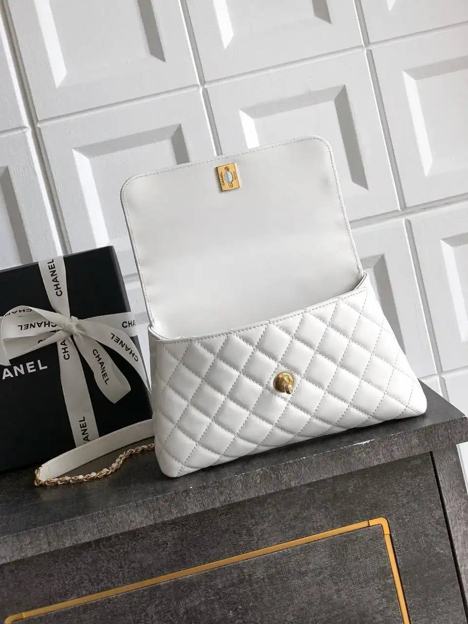 Chanel AS2216 Small Flap Bag with Top Handle calfskin diamante gold metal White