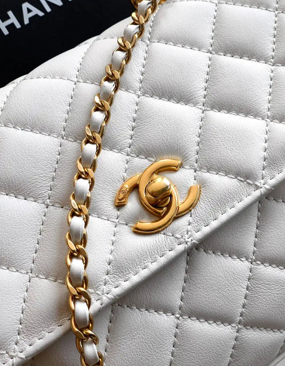 Chanel AS2216 Small Flap Bag with Top Handle calfskin diamante gold metal White