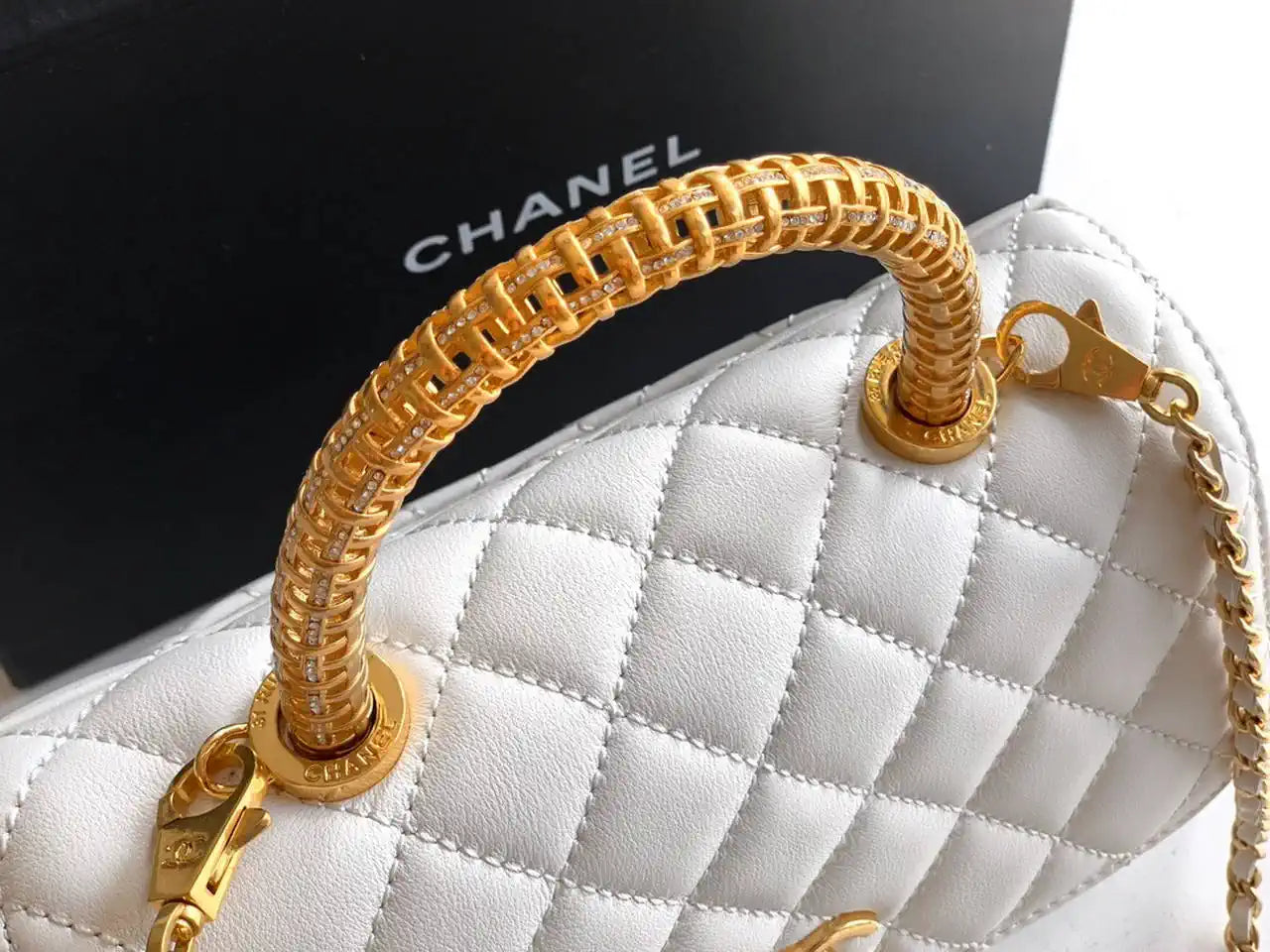 Chanel AS2216 Small Flap Bag with Top Handle calfskin diamante gold metal White