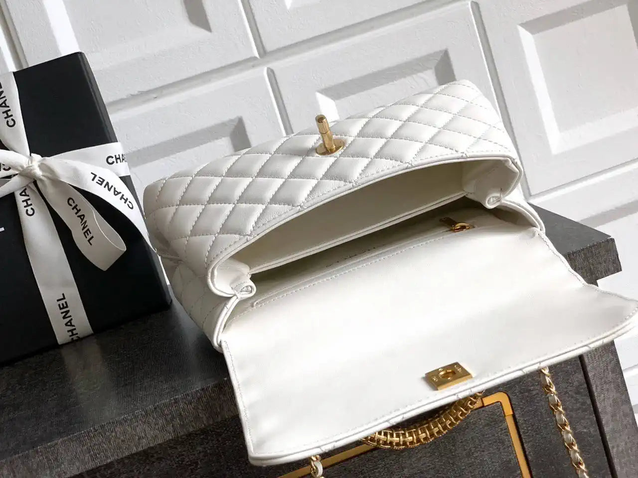 Chanel AS2216 Small Flap Bag with Top Handle calfskin diamante gold metal White