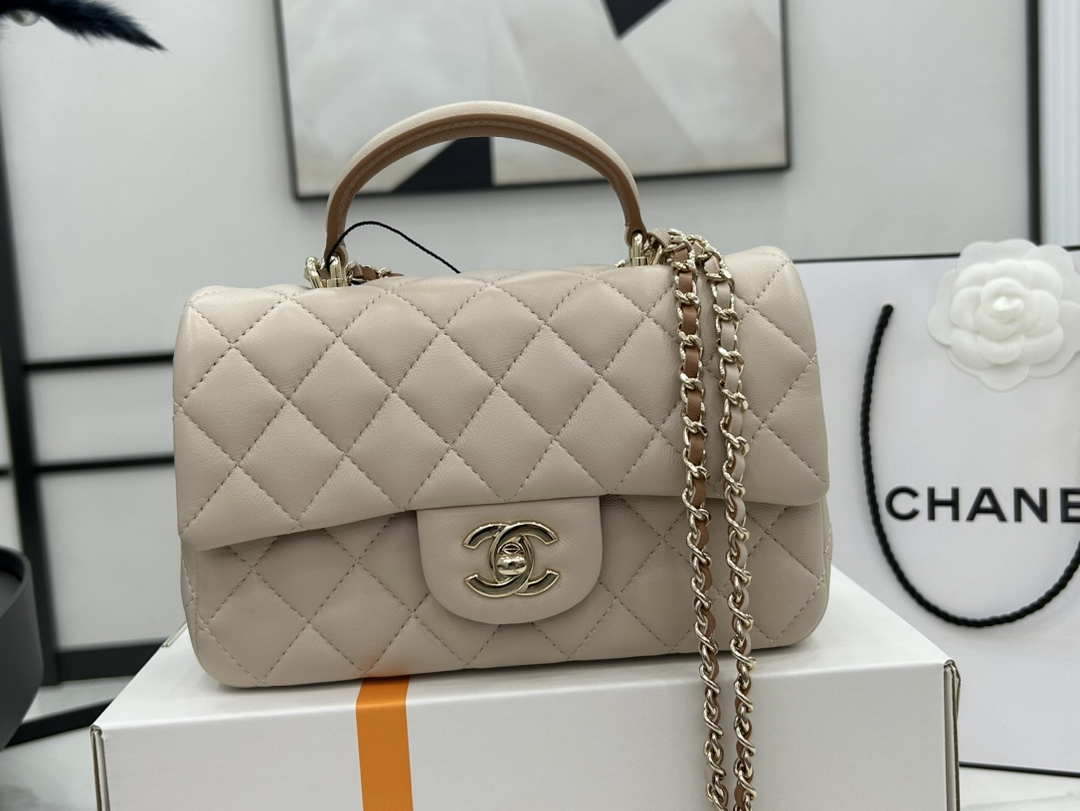 Chanel AS2431 Mini flap Apricot with Brown Lambskin bag with top handle Gold - Default Title - View 2