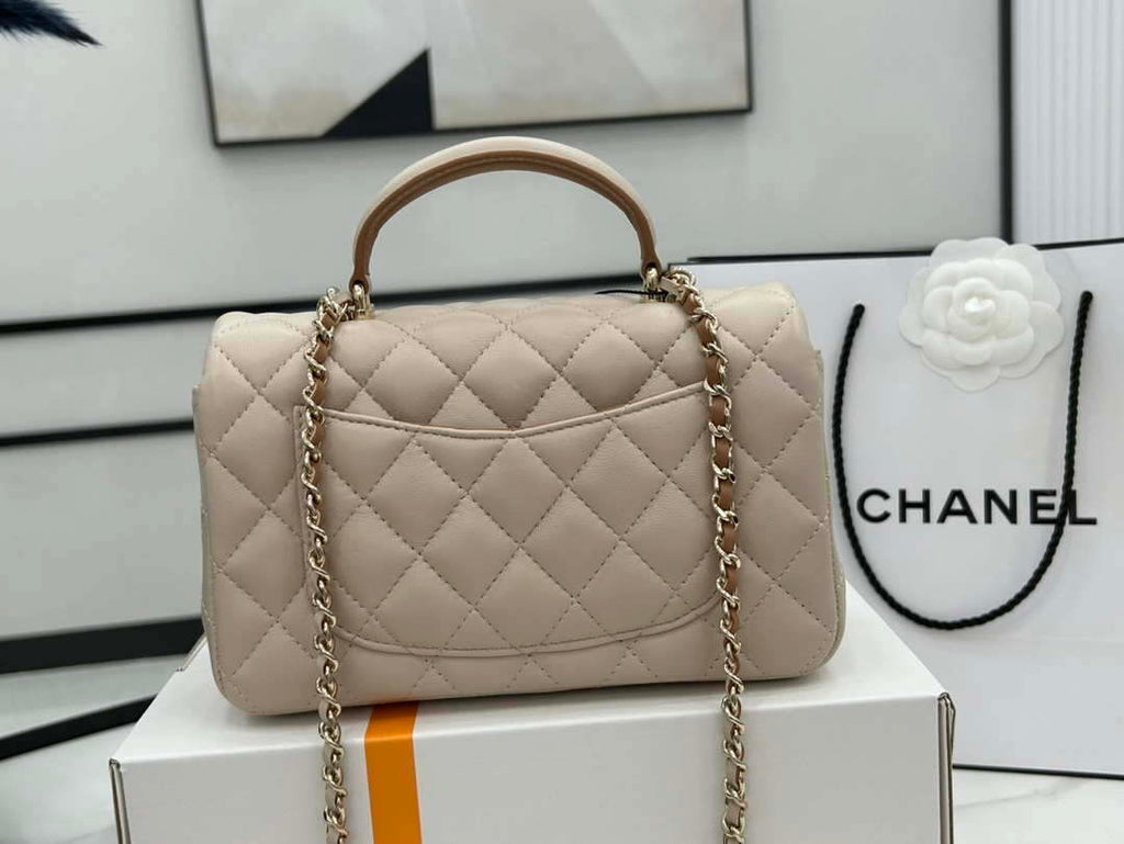 Chanel AS2431 Mini flap Apricot with Brown Lambskin bag with top handle Gold