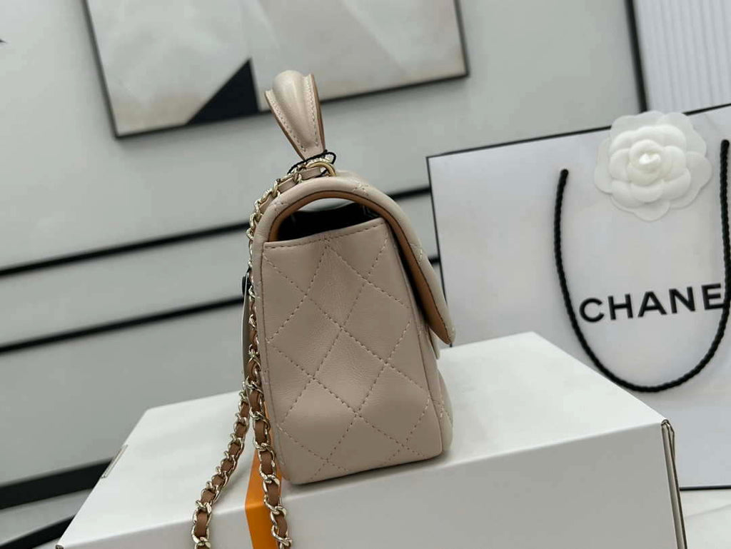 Chanel AS2431 Mini flap Apricot with Brown Lambskin bag with top handle Gold
