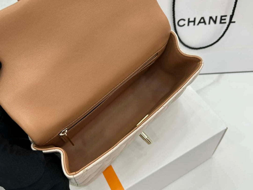 Chanel AS2431 Mini flap Apricot with Brown Lambskin bag with top handle Gold