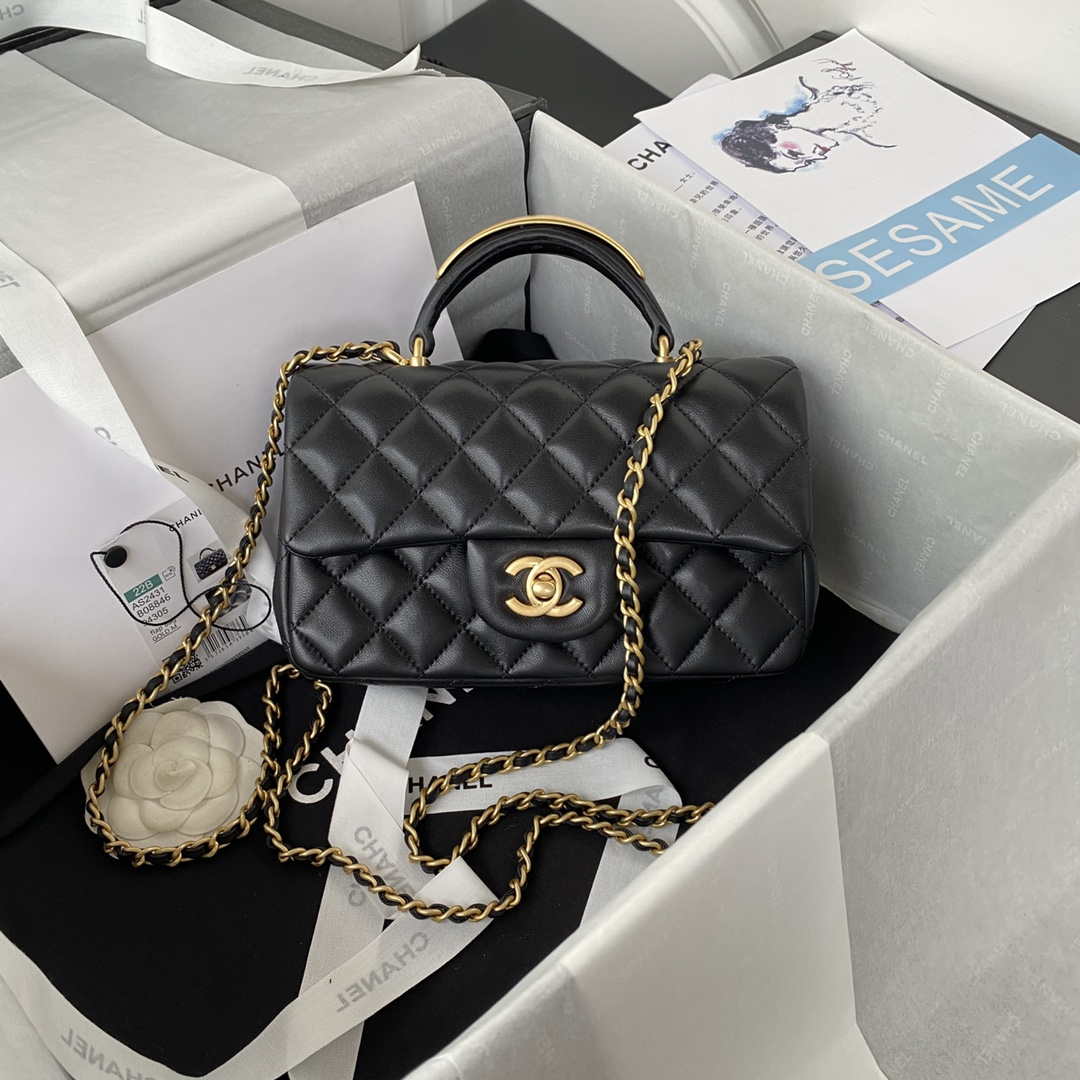 Chanel AS2431 Mini flap Black Lambskin bag with top handle Gold - Default Title - View 1