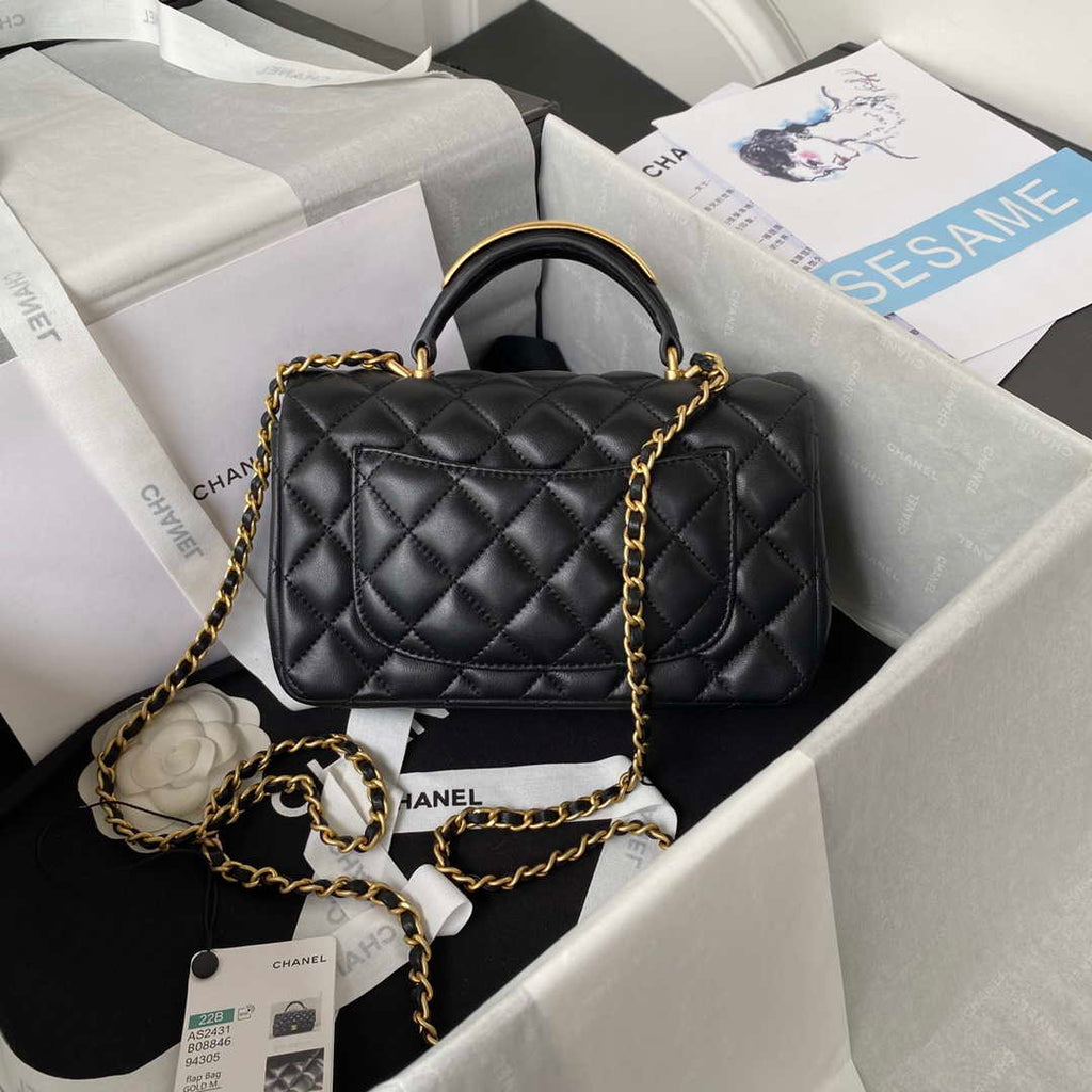 Chanel AS2431 Mini flap Black Lambskin bag with top handle Gold