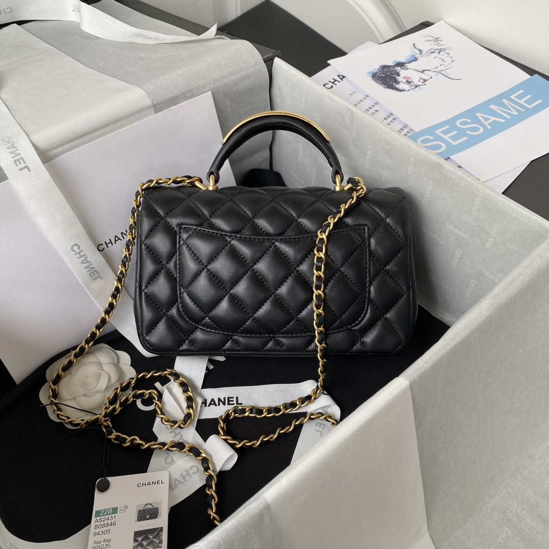 Chanel AS2431 Mini flap Black Lambskin bag with top handle Gold - Default Title - View 2