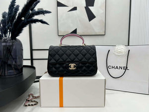 Chanel AS2431 Mini flap Black with Pink Lambskin bag with top handle Gold - Default Title - View 1