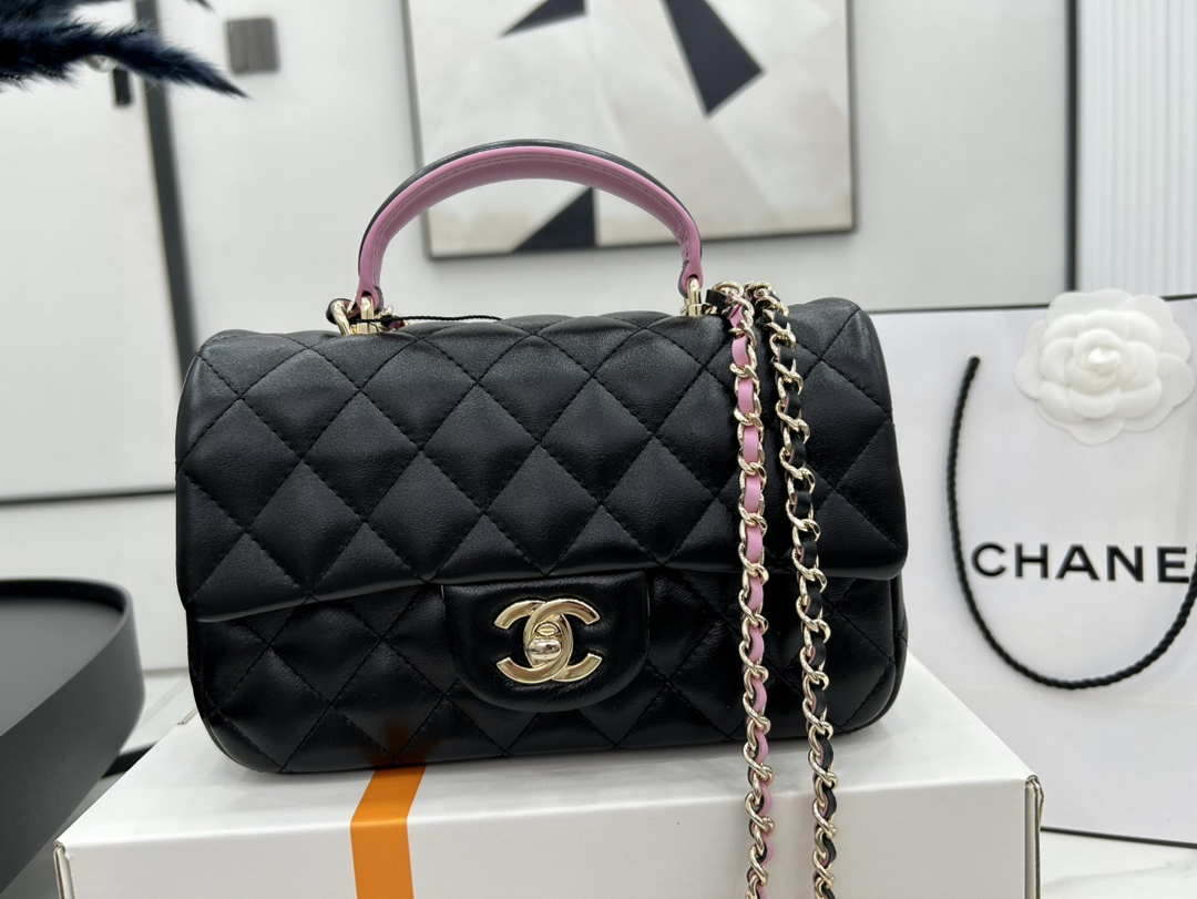 Chanel AS2431 Mini flap Black with Pink Lambskin bag with top handle Gold - Default Title - View 2