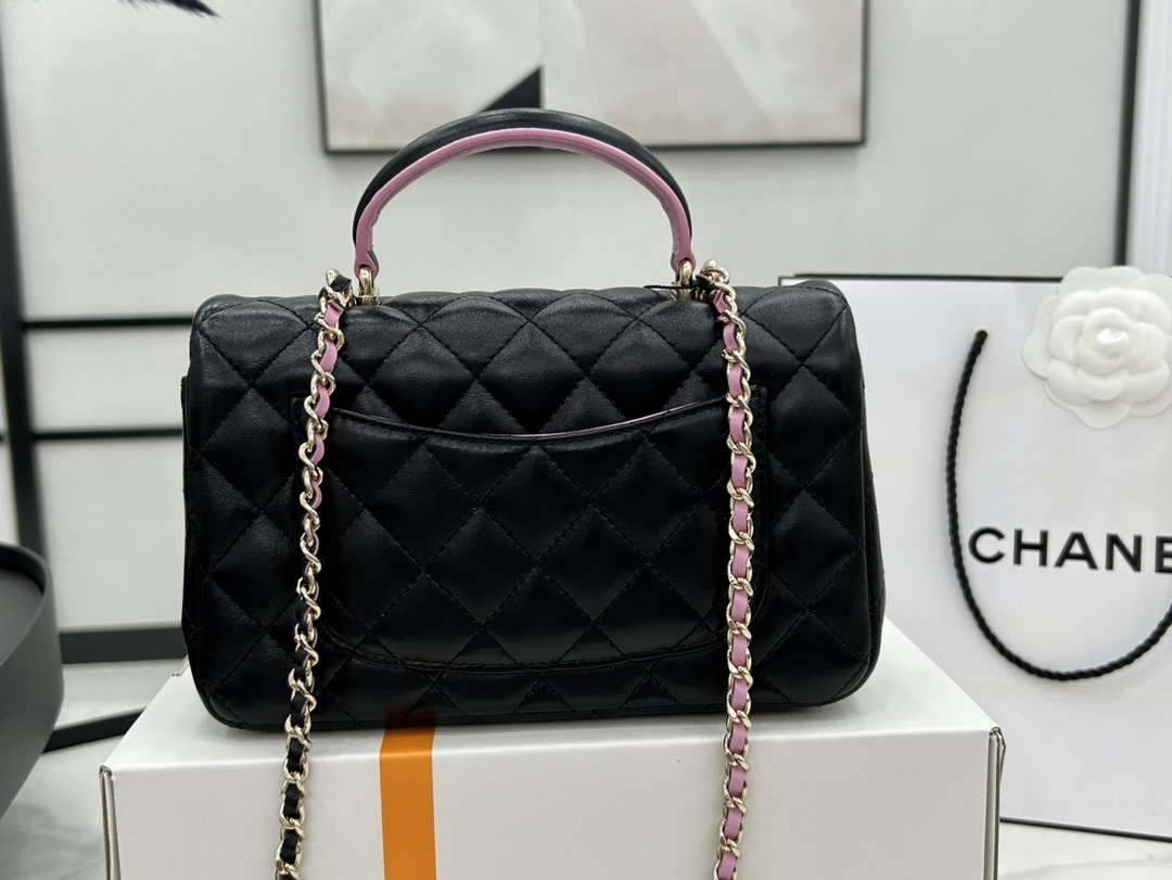 Chanel AS2431 Mini flap Black with Pink Lambskin bag with top handle Gold - Default Title - View 4