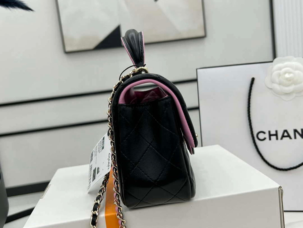 Chanel AS2431 Mini flap Black with Pink Lambskin bag with top handle Gold