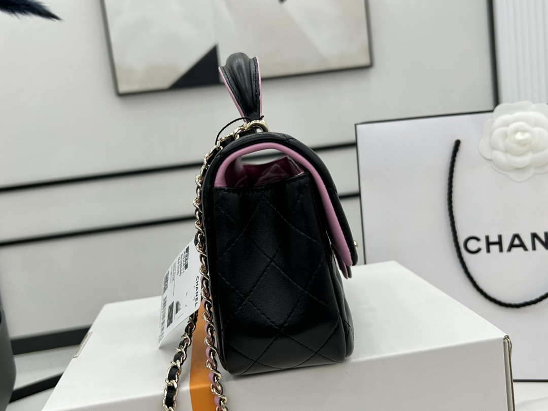 Chanel AS2431 Mini flap Black with Pink Lambskin bag with top handle Gold - Default Title - View 5