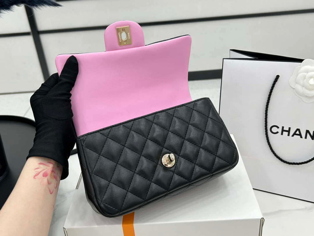 Chanel AS2431 Mini flap Black with Pink Lambskin bag with top handle Gold