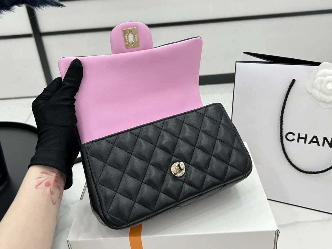Chanel AS2431 Mini flap Black with Pink Lambskin bag with top handle Gold